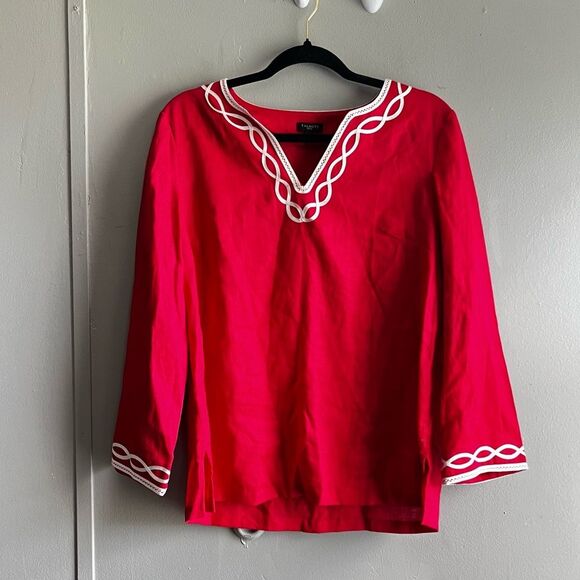 Talbots Red Linen Blouse Top Cream Embroidered Coastal Summer - Small - Picture 8 of 8